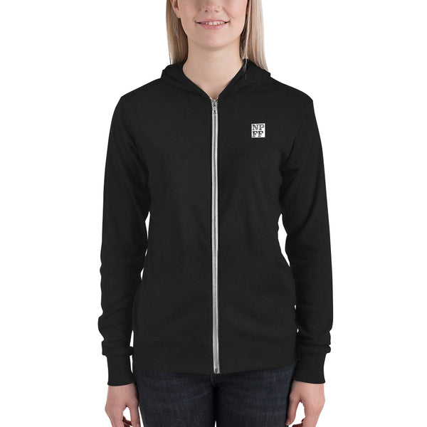 Unisex zip hoodie - NPFF front, full text back